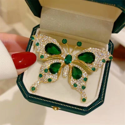2PCS Elegant Vintage Green Butterfly Brooch Pin - Rhinestone Accessory for Women - Image 1 of 4