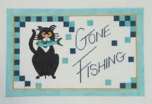 Elizabeth Turner needlepoint HP canvas GONE FISHING sign cat fish 5-25 18m 7x4.5 - Picture 1 of 4