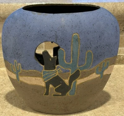 Cerâmica cerâmica sudoeste Saguaro recorte de cacto e coiote assinado dia e noite - Imagem 1 de 4
