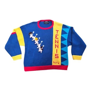 Vintage 80s Tennis Hand Knit Sweater Raquel's Collection 3D Funny Small - Picture 1 of 5