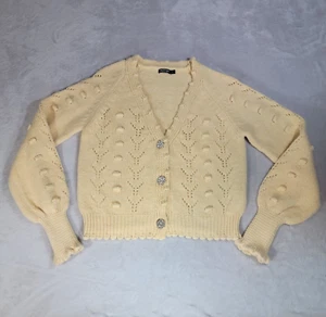 Nasty Gal Sweater Womens S Yellow Rhinestone Buttons Long Sleeve Soft Cozy Glam - Picture 1 of 12