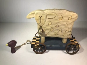 VTG Folk Art Carved Sheep Children’s Pull Toy Rolling Wood Base 6.5” Tall Retro - Picture 1 of 24