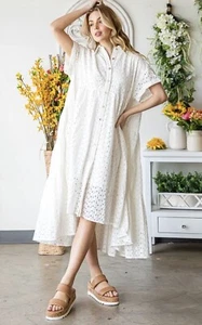 New OLI + HALI Camilla Midi Dress White Eyelet Cotton Tiered Oversized Sz L NWT - Picture 1 of 12