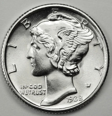 1938-s Mercury Dime.100% Full Separated Horizontal Bands. Choice BU (Inventory A Cover