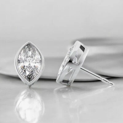 18K White Gold Earring 2 Carat IGI Lab Created Marquise Cut Diamond Stud E F VS - Image 1 of 4