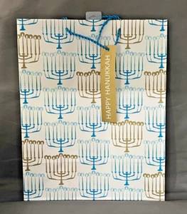 HALLMARK HAPPY HANUKKAH GIFT BAG 10.5" X 13" BLUE & GOLD MENORAHS WHITE - Picture 1 of 1