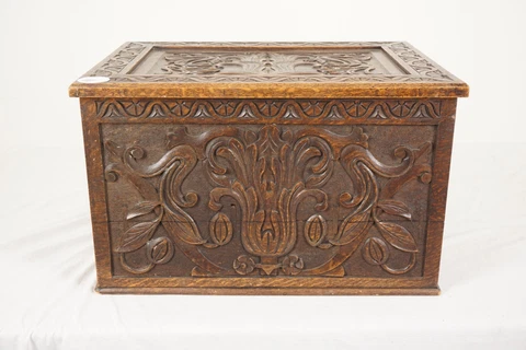 Antique Oak Box, Victorian Gothic Carved Chest and Log Box, Scotland 1880, H1052 Cover