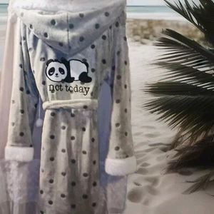 Bobbie Brooks Hooded Robe Ladies Faux Fur with Polka Dots SZ Large - Picture 1 of 4