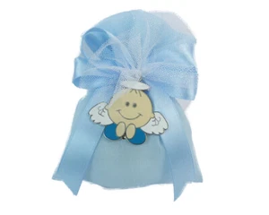 Bomboniere Sacchetto H.12 Cm Battesimo Celeste Ciondolo Angelo Bimbo - Imagen 1 de 1