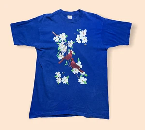 T-shirt vintage fiori cardinali anni 90 uomo grande blu usata vintage uccellini - Foto 1 di 4