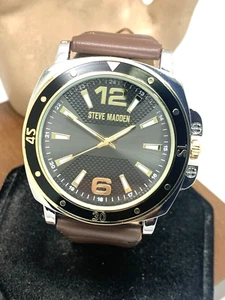 Steve Madden Men's Watch SM-9132TT Quartz Black Dial Brown Leather Band 45mm - Picture 1 of 12