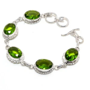 Green Peridot Gemstone 925 Sterling Silver Jewelry Bracelet Size 7-8" - Picture 1 of 3