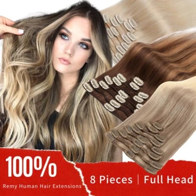 100% Remy Human Echthaar Clip In Haar Extensions REMI Haarverlängerung 8 Tressen - Bild 1 von 4