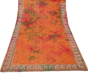 Sushila Vintage Rust HEAVY Sari Pure Georgette Hand Beaded Paisley Sari Fabric - Picture 1 of 11