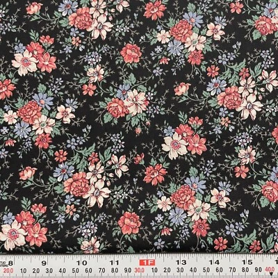 Vintage Kessler for Concord Florals on Black Cotton Fabric Remnant 9" x 44" - Image 1 of 2