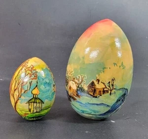Vintage Hand Painted Colorful Decorative Wooden Egg Cabin Snow Church - Picture 1 of 15