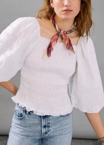 Anthropologie Maeve Bree Milkmaid Smocked Puff Sleeve Crop Blouse Coquette Sz XL - Picture 1 of 18