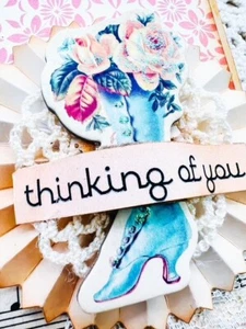 Handmade Vintage Shabby Chic Ephemera THINKING OF YOU Rosette Friendship Card - Picture 1 of 2