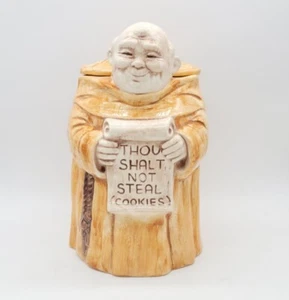 Vintage Fat Bald Monk Friar Tuck Cookie Jar "Thou Shalt Not Steal Cookies" USA - Picture 1 of 10