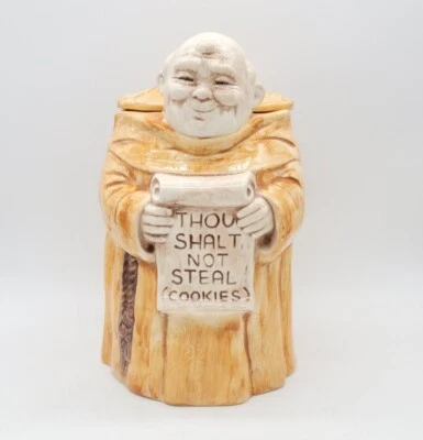Vintage Fat Bald Monk Friar Tuck Cookie Jar "Thou Shalt Not Steal Cookies" USA  - Image 1 of 4