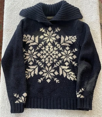 Suéter Eddie Bauer Mujer Pequeño Azul Copo de Nieve Chal Cuello Lana Seda Fair Isle Foto 1 de 4