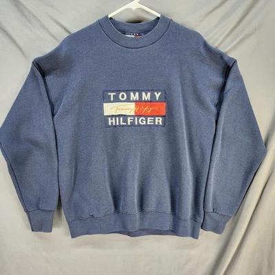 Moletom masculino vintage Tommy Hilfiger grande logotipo bandeira azul marinho anos 90 pulôver - Imagem 1 de 4