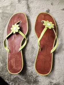 COACH LUCIE LEATHER FLIPFLOP THONG SANDALS WITH FLORAL DAISY ACCENT GREEN SZ9 - Picture 1 of 4