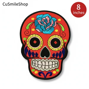 Calavera de azúcar roja grande con parche bordado rosa azul XL 8 pulgadas bordado - Imagen 1 de 3