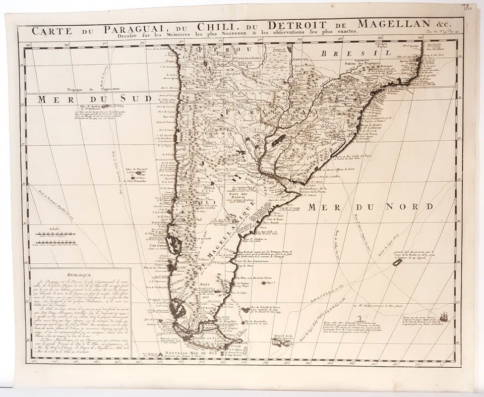 Mapa antiguo, Chatelain, Carte du Paraguai, du Chile, du Detroit de Magellan 1719 Foto 1 de 1