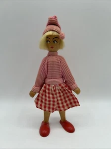 1960’s Vintage Polish Wooden Doll W Red Apron & Dress 7" Top Condition - Bild 1 von 19