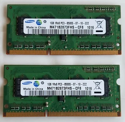 2x Samsung PC3-8500 DDR3-1066MHz 1GB SO-DIMM Memory MHz M471B2873FHS-CF8 - Image 1 of 2