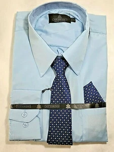 VITTORINO Dress Sz Med 15-15.5 Light Blue Shirt w Tie & Handkerchief NEW 100% Po - Picture 1 of 6