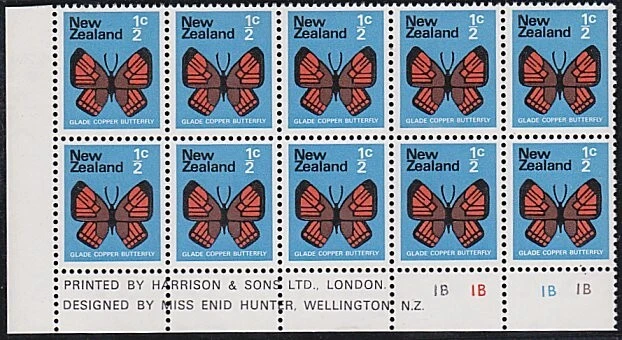 NEW ZEALAND 1970 ½c butterfly wmkd paper - plate block 1B MNH..............B1230 - Image 1 of 1