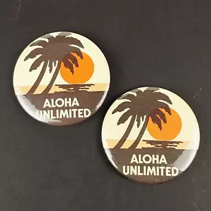 Set di spille vintage 2 pezzi Aloha Unlimited Hawaii palma metallo pinback bottone - Foto 1 di 5