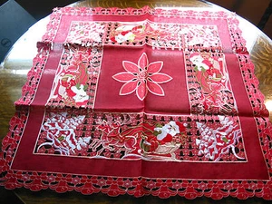 Christmas Embroidered Tablecloth Cut Work Santa Raindeer 34" SQ Red Wht NEW - Picture 1 of 7