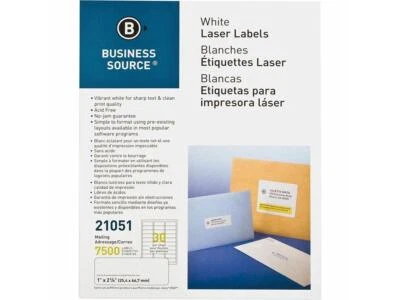 Business Source Mailing Label Laser 1"x2-5/8" 7500/PK White 21051 - Image 1 of 4
