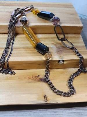 Collar Retro Negro, Ámbar y Topacio Acrílico Cuentas con Gruesa Cadena Tono Cobre Foto 1 de 4