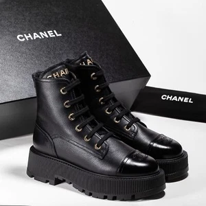 CHANEL Women Ankle Boots Black Leather Lace Up Round Toe Logo Booties Size EU 37 - Picture 1 of 9