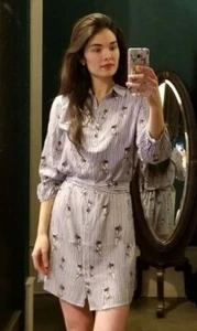 SAMPLE SALE S FROCK SHOP Blue White Stripe Cat Print Rayon Shirt Dress w Tie NWT - Picture 1 of 3