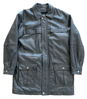 Abrigo Chaqueta Parka Larga de Cuero Negro Wilson De Colección Para Hombre Plumero Grande Western Foto 1 de 4