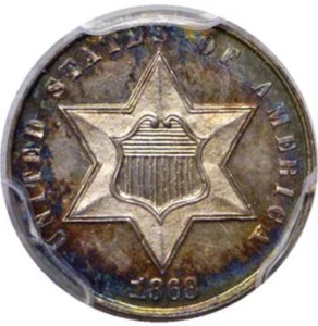 1868 PCGS PR64CAM CAC Key Date 3c CAMEO CAC Three Cent Silver - Picture 1 of 5