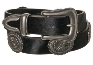 Wrangler Western Scalloped Concho Calf Fur Leather Belt 25mm Black NWT Cowgirl - Picture 1 of 8
