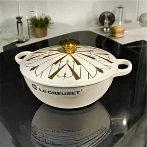 New Le Creuset White w gold Art Deco Soup Pot 3.5 qt Cast Iron Chef’s Dutch Oven - Picture 1 of 9