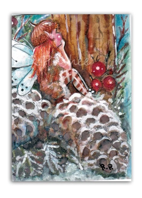 aceo original art, fairy in the woods..mini painting - Image 1 of 1