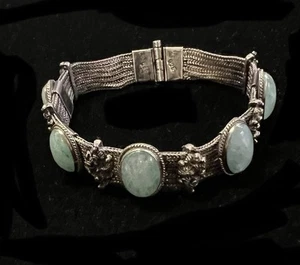 Sterling Silver 6 Strand Wheat Chain & 5 Green stone Bracelet 7” - Picture 1 of 8
