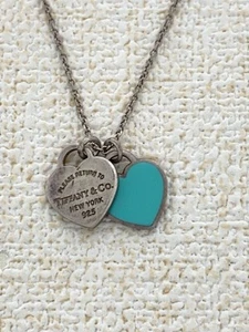 TIFFANY & Co. Necklace SV925 BLU Top Has Women's Double Heart Used - Picture 1 of 6