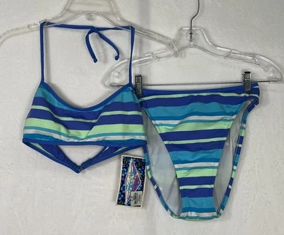 New VTG Hobie Striped Bikini Medium Blue Green 2-PC Swimsuit Y2K Bnfts Charity - Image 1 of 4