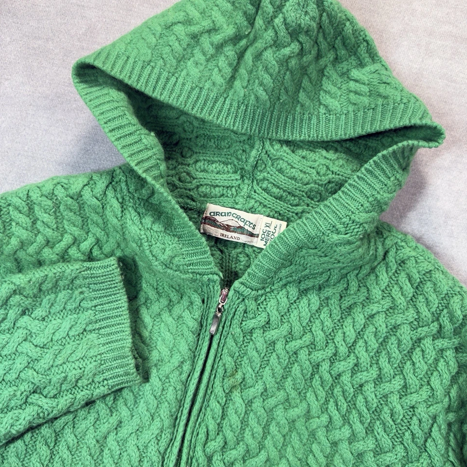 Aran Crafts Ireland Sweater Womens XL Green Full Zip Hooded Cable Knit Wool - Image 1 of 4