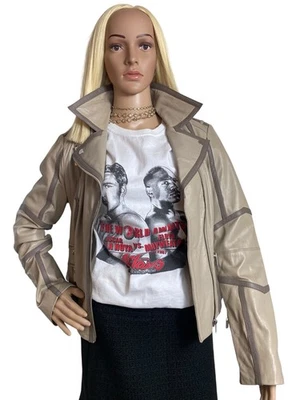 Jaqueta de Moto Bebe M EUA 8 Rara Retrô Bege/Taupe Detalhes de Zíperes de Couro $225,00 - Imagem 1 de 4