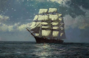A Clipper Ship in a Moonlit Sea Painting by Montague Dawson Reproduction - Picture 1 of 3